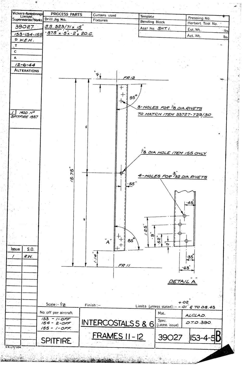 Spitfire Type 390 Mk XIX Blueprints 39027 153154155 B Intercostals 5&6 Frames 11 12 A4 Photo Print