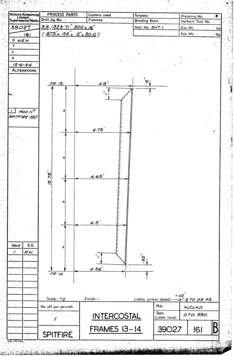 Spitfire Type 390 Mk XIX Blueprints 39027 161 B Intercostal Frames 13 14 A4 Photo Print