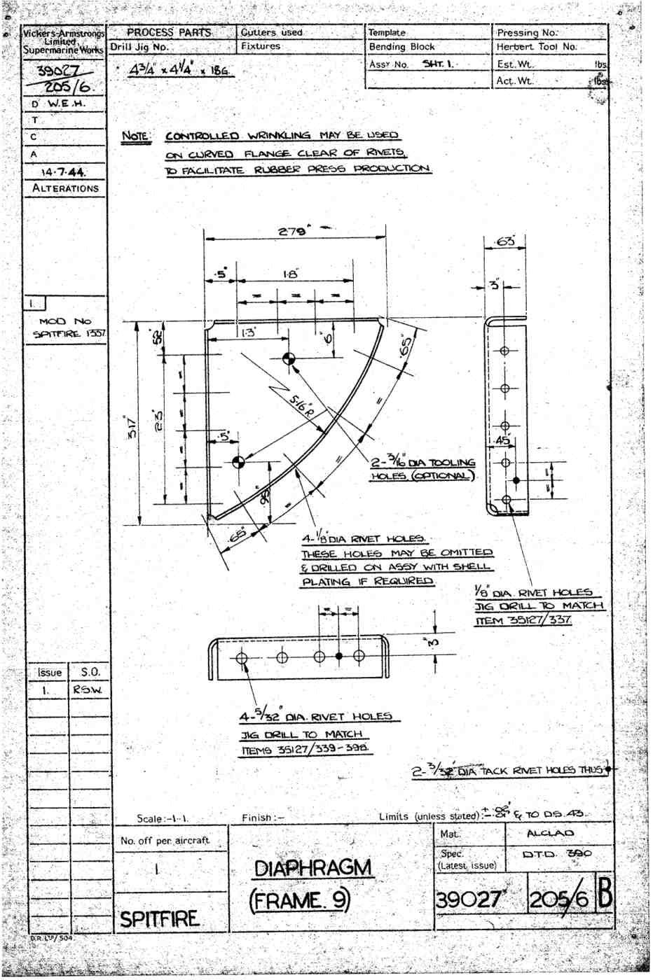 Spitfire Type 390 Mk XIX Blueprints 39027 205206 B Diaphragm Frame 9 A4 Photo Print