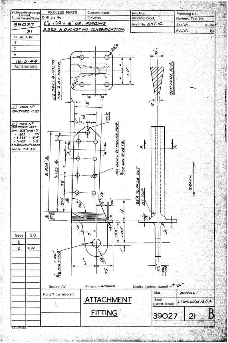 Spitfire Type 390 Mk XIX Blueprints 39027 21 B Attachment Fitting A4 Photo Print