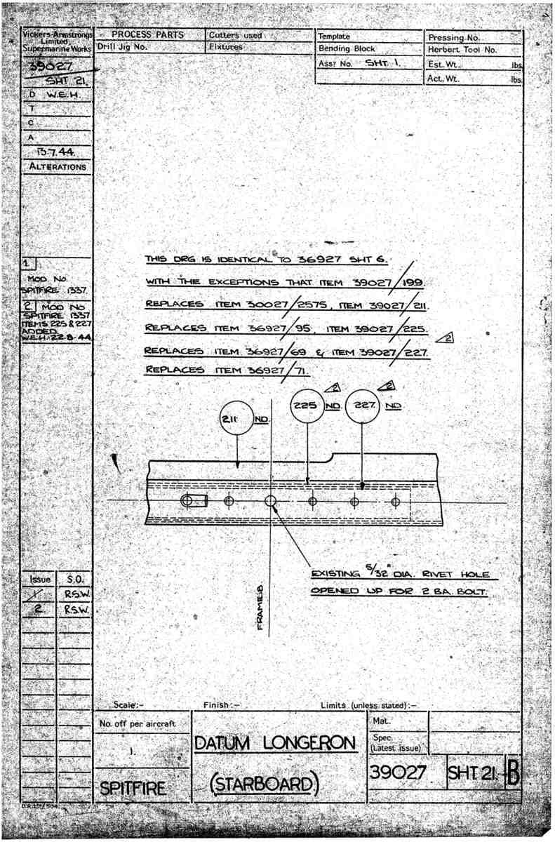 Spitfire Type 390 Mk XIX Blueprints 39027 21 B datum Longeron Starboard A4 Photo Print