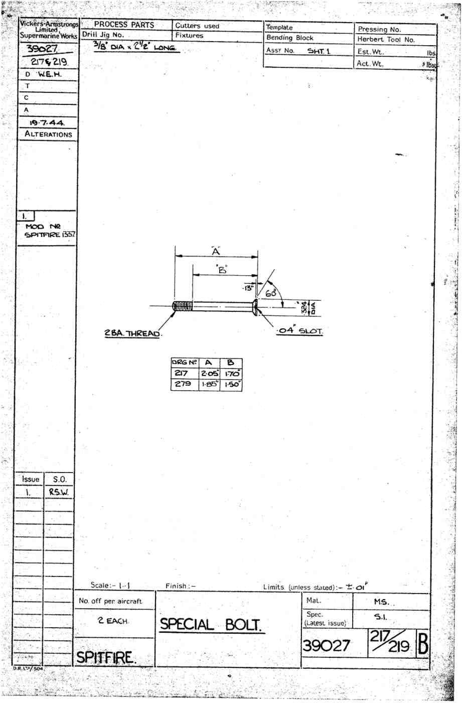 Spitfire Type 390 Mk XIX Blueprints 39027 217219 B Special Bolt A4 Photo Print