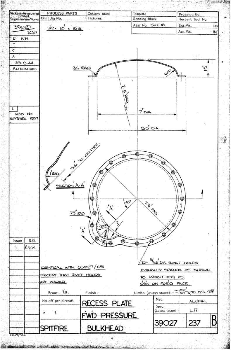 Spitfire Type 390 Mk XIX Blueprints 39027 237 B Recess plate FWD Pressure Bulkhead A4 Photo Print