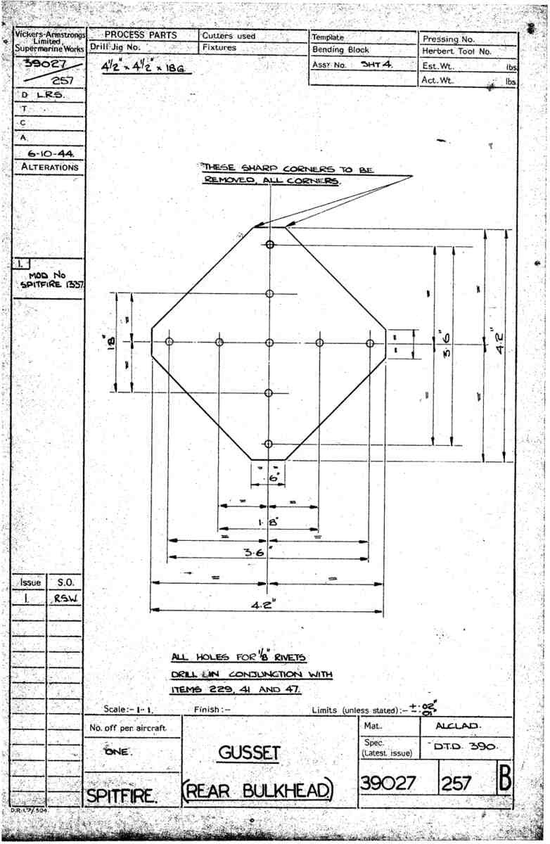 Spitfire Type 390 Mk XIX Blueprints 39027 257 B Gusset Rear Bulkhead A4 Photo Print