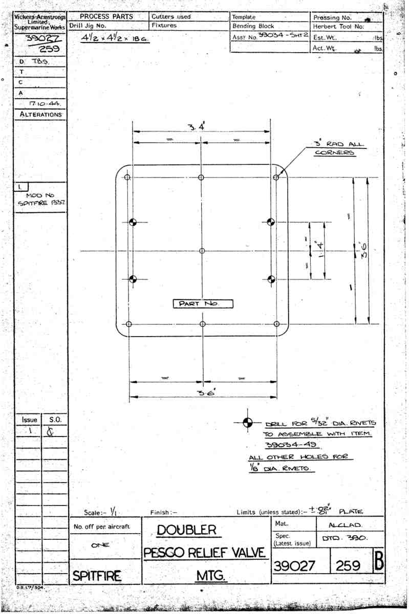 Spitfire Type 390 Mk XIX Blueprints 39027 259 B Doubler Pesco relief Valve MTG A4 Photo Print