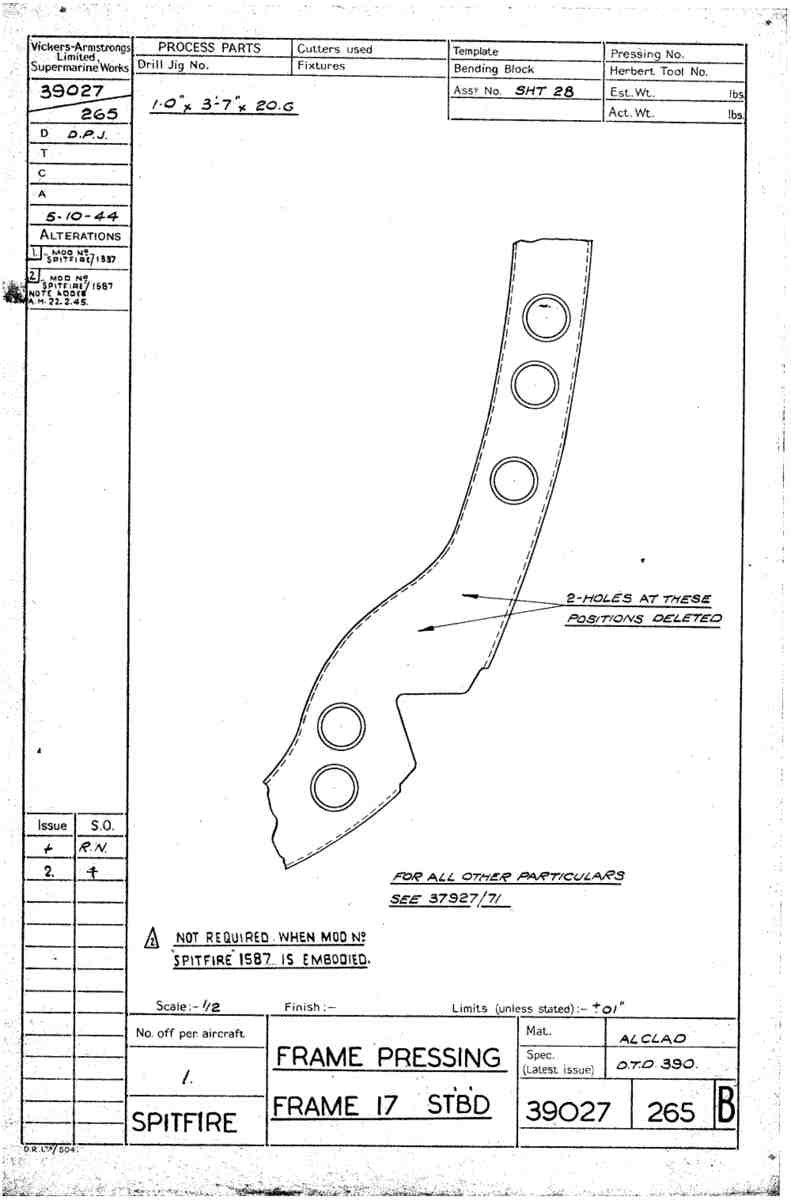 Spitfire Type 390 Mk XIX Blueprints 39027 265 B Frame Pressing Frame 17 Starboard A4 Photo Print