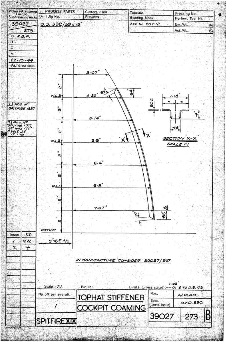 Spitfire Type 390 Mk XIX Blueprints 39027 273 B Tophat Stiffener Cockpit Coaming A4 Photo Print