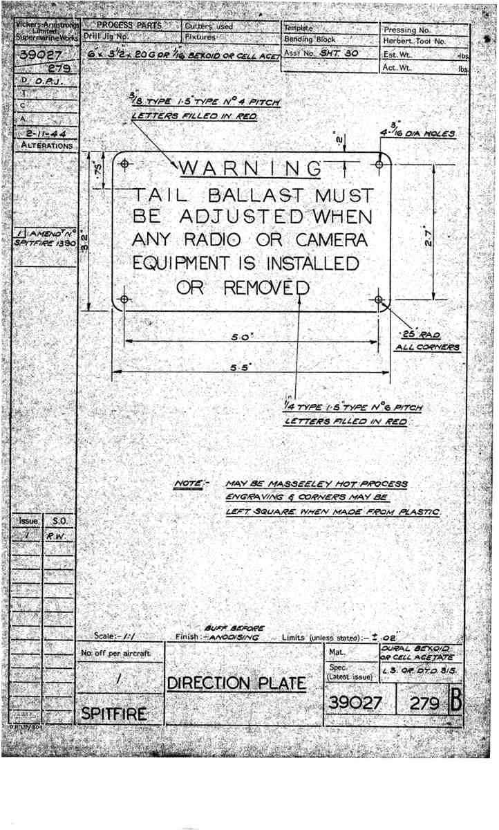 Spitfire Type 390 Mk XIX Blueprints 39027 279 B Direction Plate A4 Photo Print