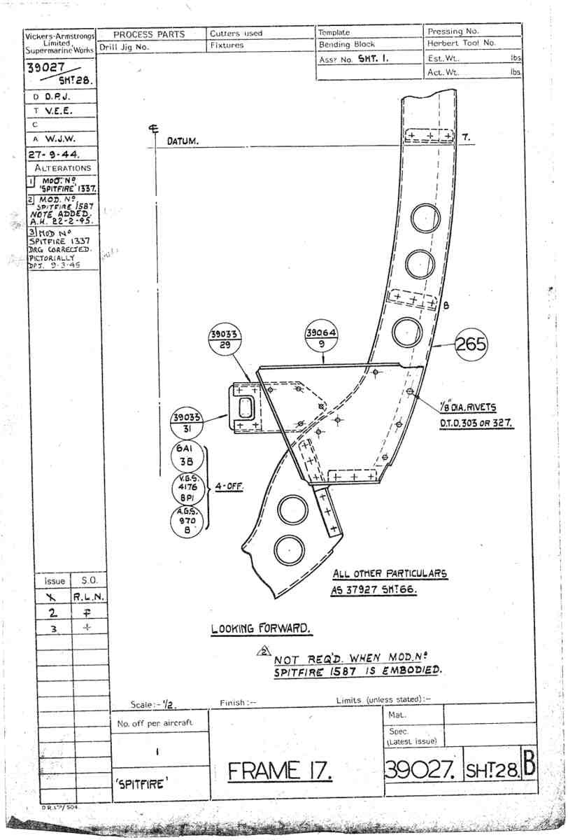 Spitfire Type 390 Mk XIX Blueprints 39027 28 B Frame 17 A4 Photo Print