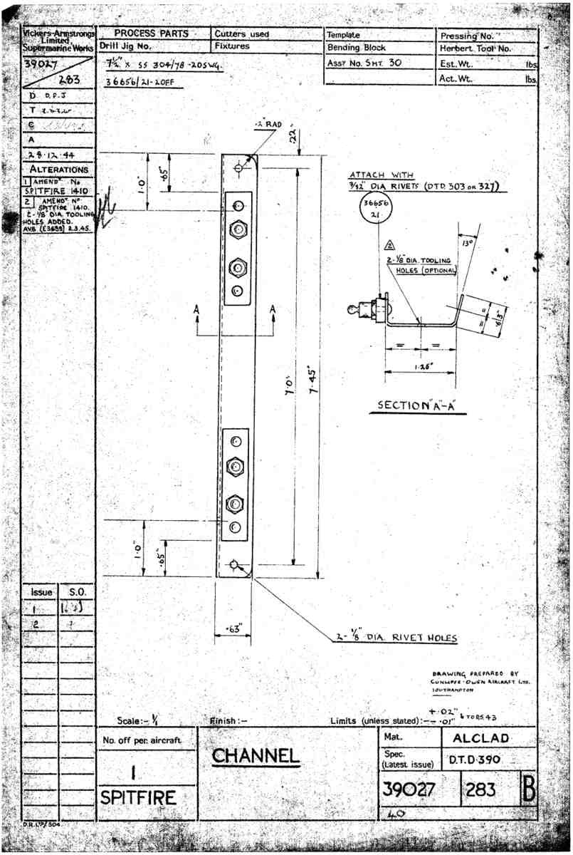 Spitfire Type 390 Mk XIX Blueprints 39027 283 B Channel A4 Photo Print