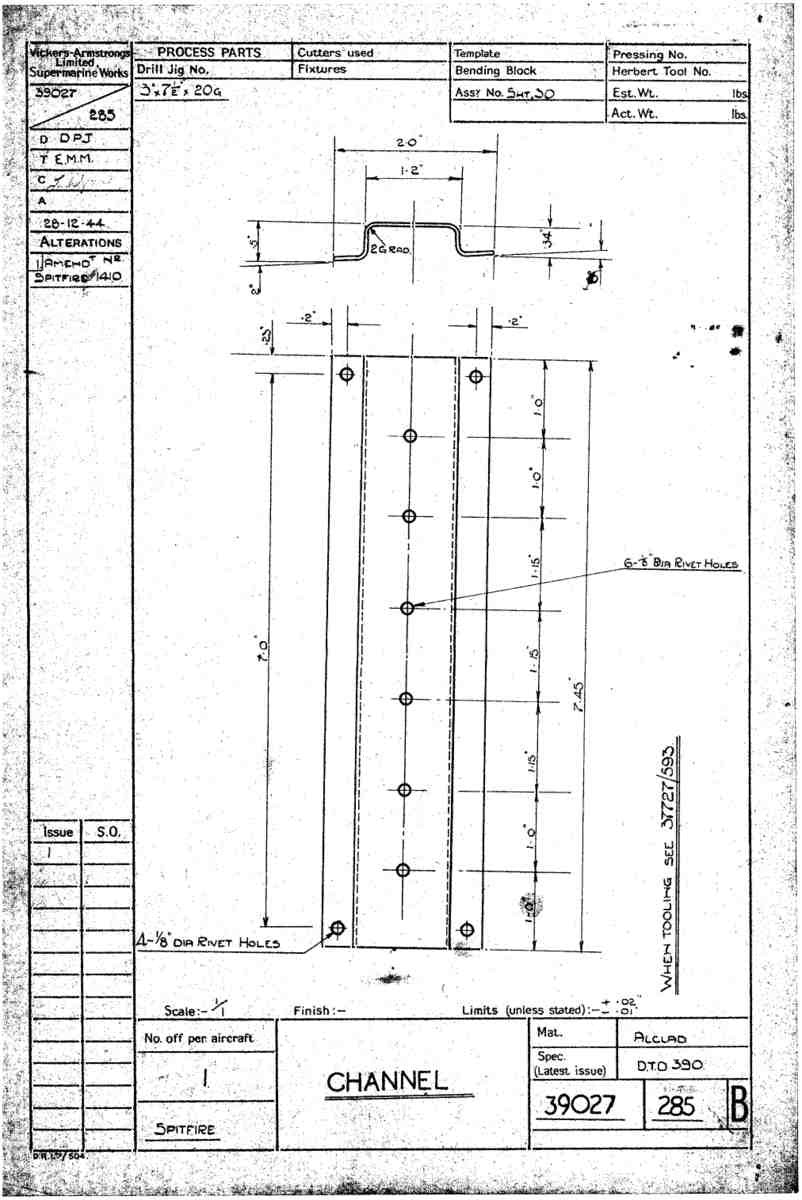 Spitfire Type 390 Mk XIX Blueprints 39027 285 B Channel A4 Photo Print