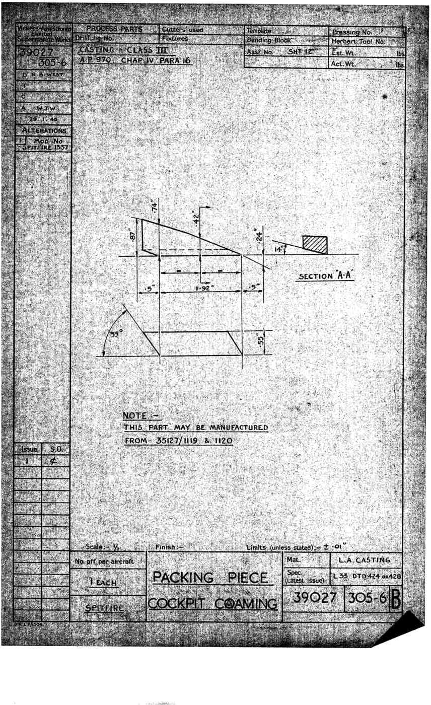 Spitfire Type 390 Mk XIX Blueprints 39027 305306 B Packing Piece Cockpit Coaming A4 Photo Print
