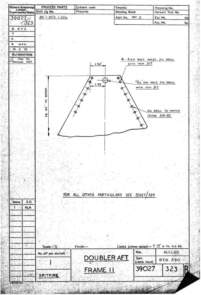 Spitfire Type 390 Mk XIX Blueprints 39027 323 B Doubler Aft Frame 11 A4 Photo Print