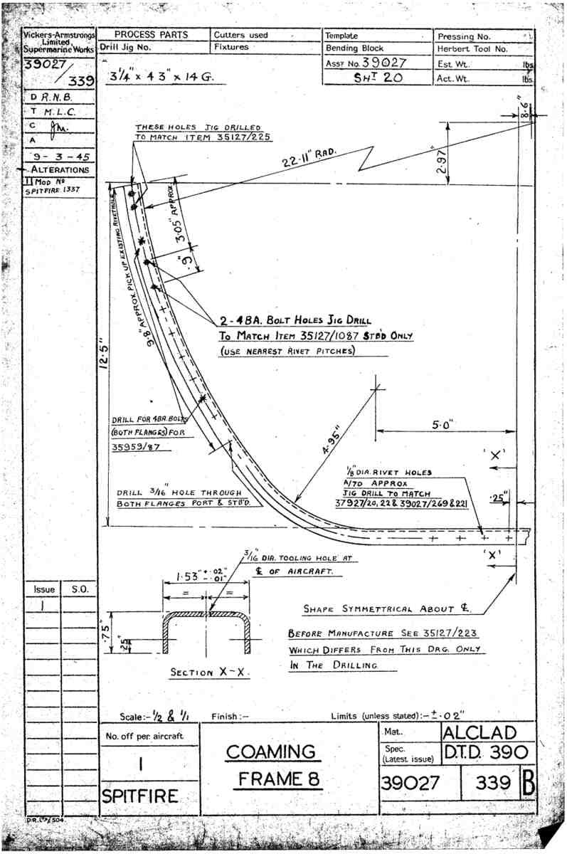 Spitfire Type 390 Mk XIX Blueprints 39027 339 B Coaming Frame 8 A4 Photo Print