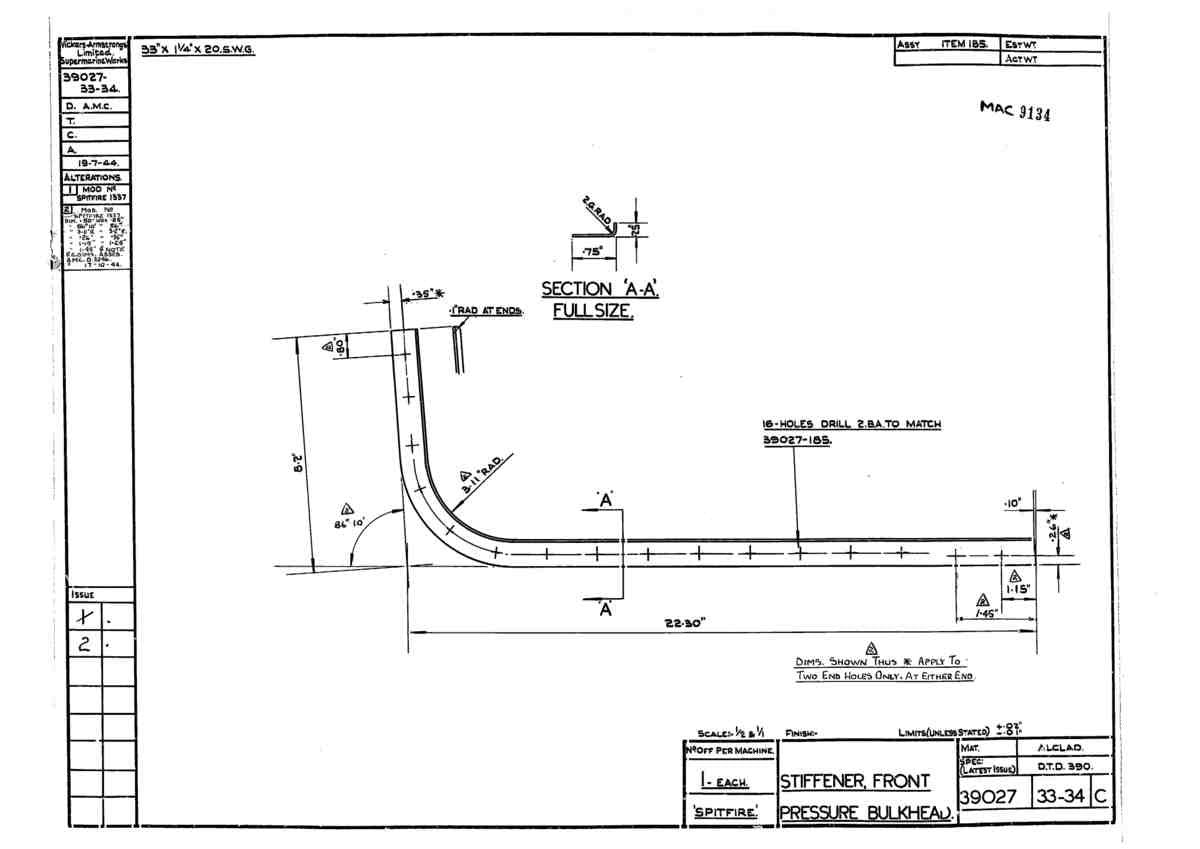 Spitfire Type 390 Mk XIX Blueprints 39027 33,34 C Stiffener Front Pressure Bulkhead A4 Photo Print