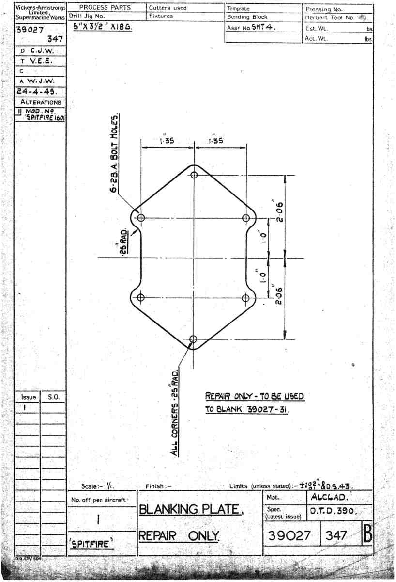 Spitfire Type 390 Mk XIX Blueprints 39027 347 B Blanking Plate Repair Only A4 Photo Print
