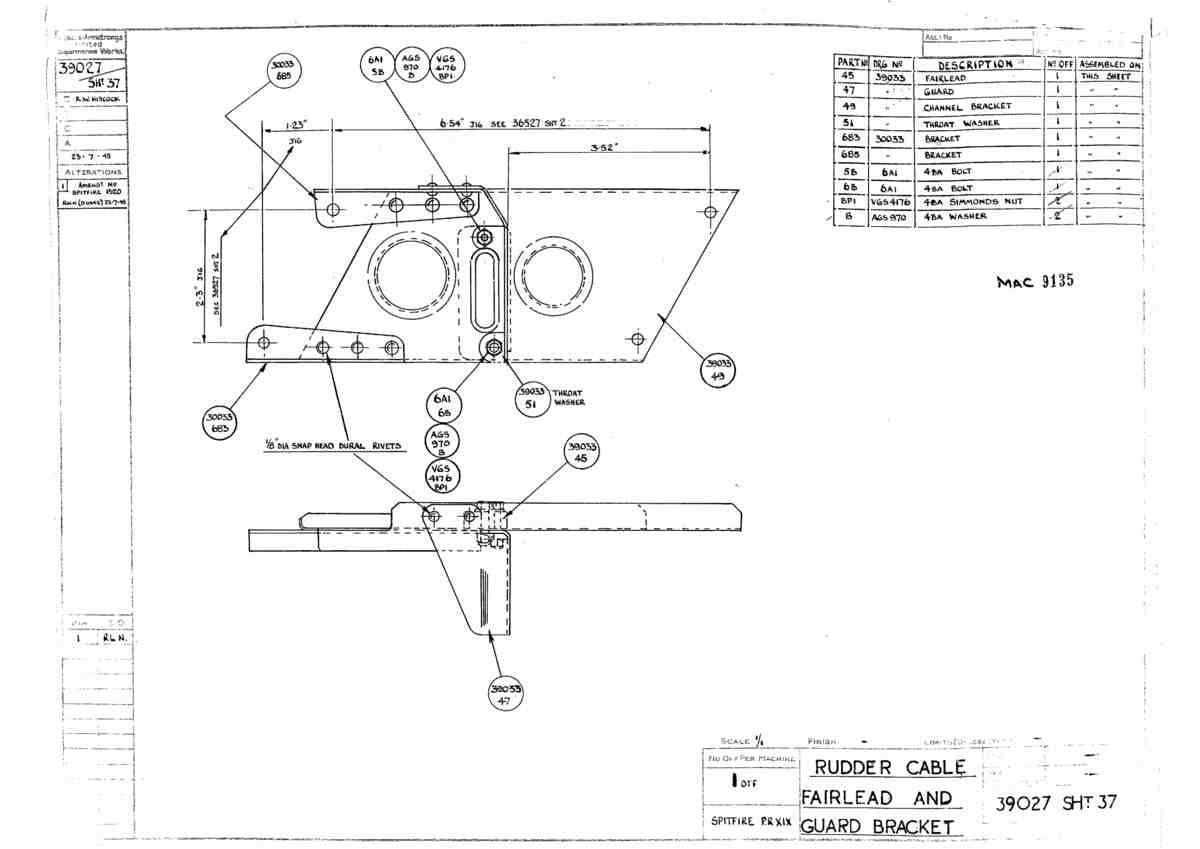 Spitfire Type 390 Mk XIX Blueprints 39027 37  Rudder Cable Fairlead And Guard Bracket A4 Photo Print