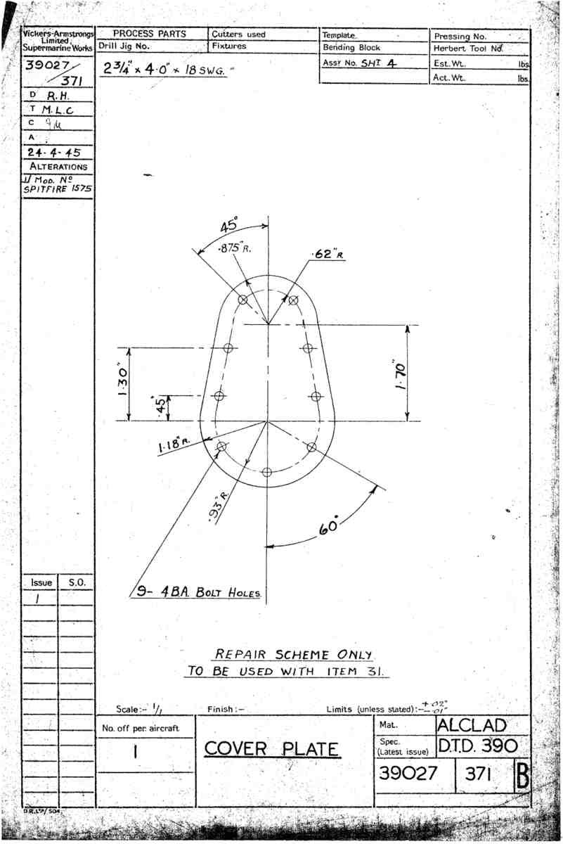 Spitfire Type 390 Mk XIX Blueprints 39027 371 B Cover PLate A4 Photo Print
