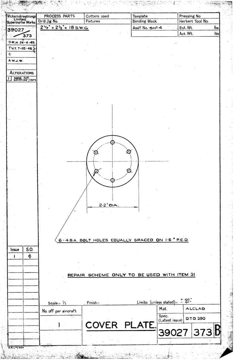 Spitfire Type 390 Mk XIX Blueprints 39027 373 B Cover Plate A4 Photo Print