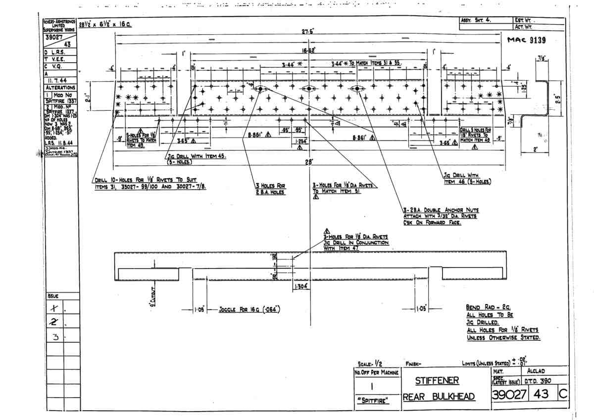 Spitfire Type 390 Mk XIX Blueprints 39027 43 C Stiffener Rear Bulkhead A4 Photo Print