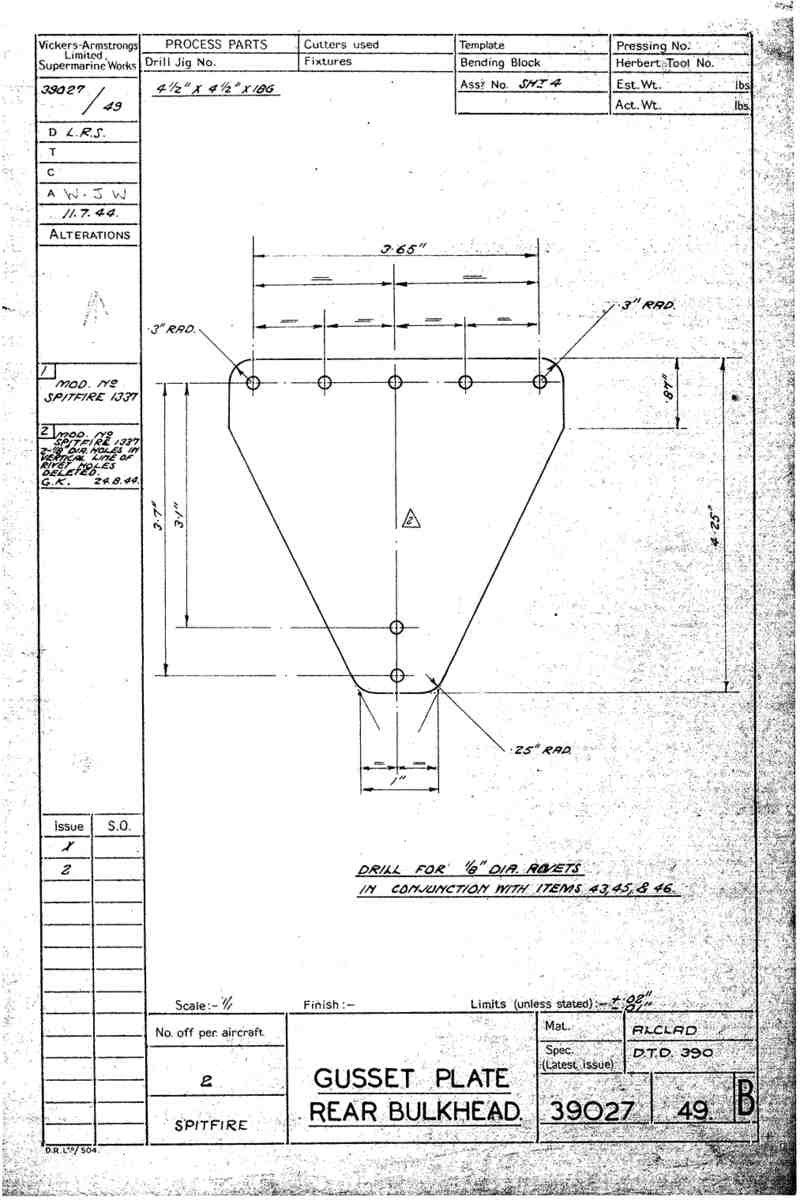 Spitfire Type 390 Mk XIX Blueprints 39027 49 B Gusset Plate Rear Bulkhead A4 Photo Print