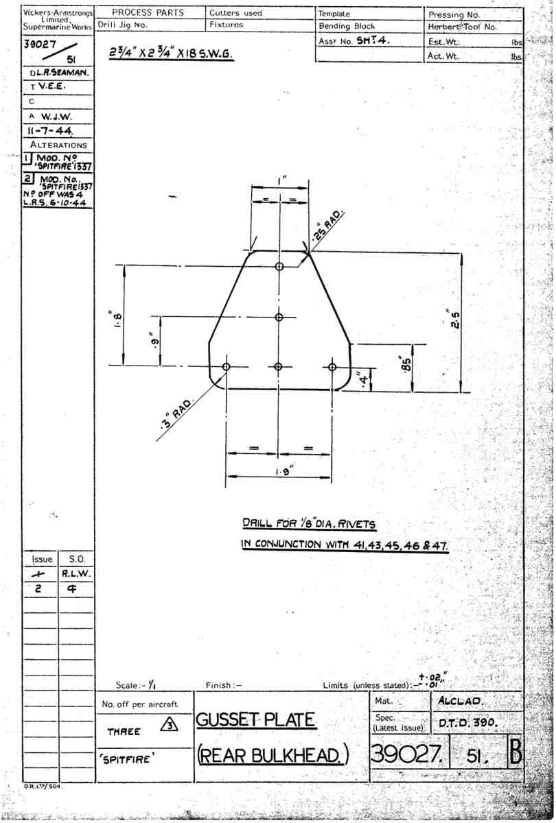 Spitfire Type 390 Mk XIX Blueprints 39027 51 B Gusset Plate Rear Bulkhead A4 Photo Print