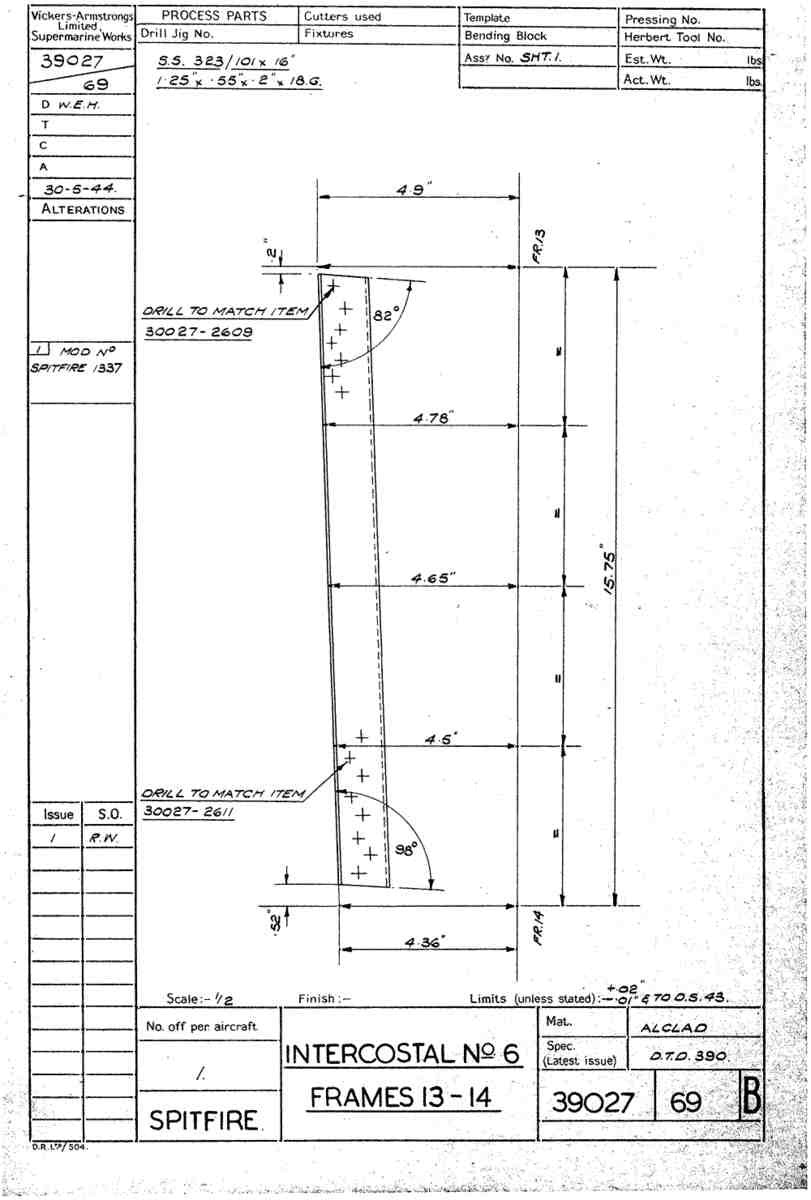 Spitfire Type 390 Mk XIX Blueprints 39027 69 B Intercostal No6 Frames 13 14 A4 Photo Print