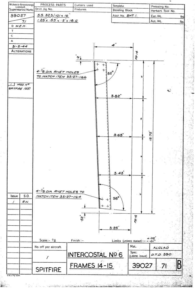 Spitfire Type 390 Mk XIX Blueprints 39027 71 B Intercostal No6 framew 14 15 A4 Photo Print