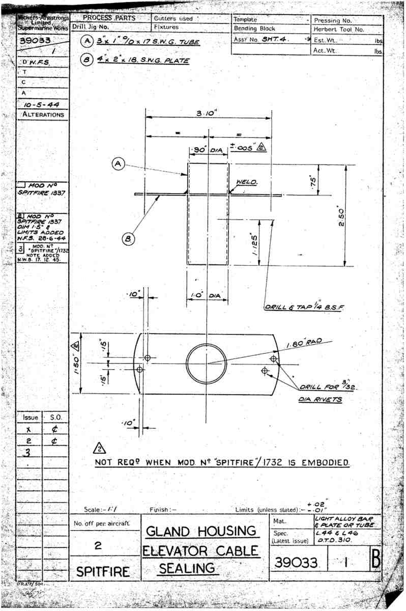 Spitfire Type 390 Mk XIX Blueprints 39033 1 B Gland Housing Elevator Cable Sealing A4 Photo Print