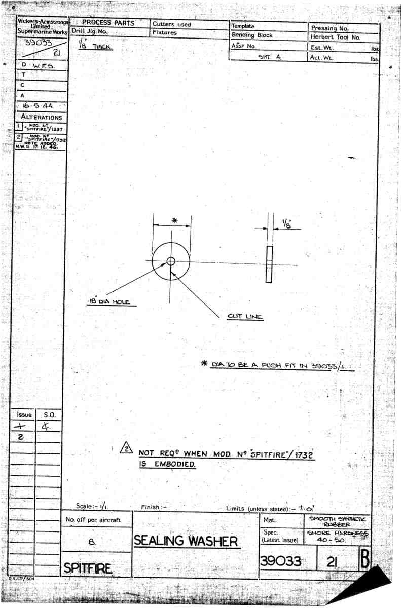Spitfire Type 390 Mk XIX Blueprints 39033 21 B Sealing Washer A4 Photo Print
