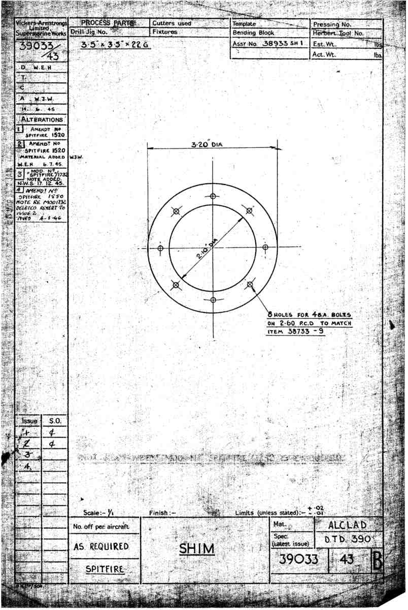 Spitfire Type 390 Mk XIX Blueprints 39033 43 B Shim A4 Photo Print