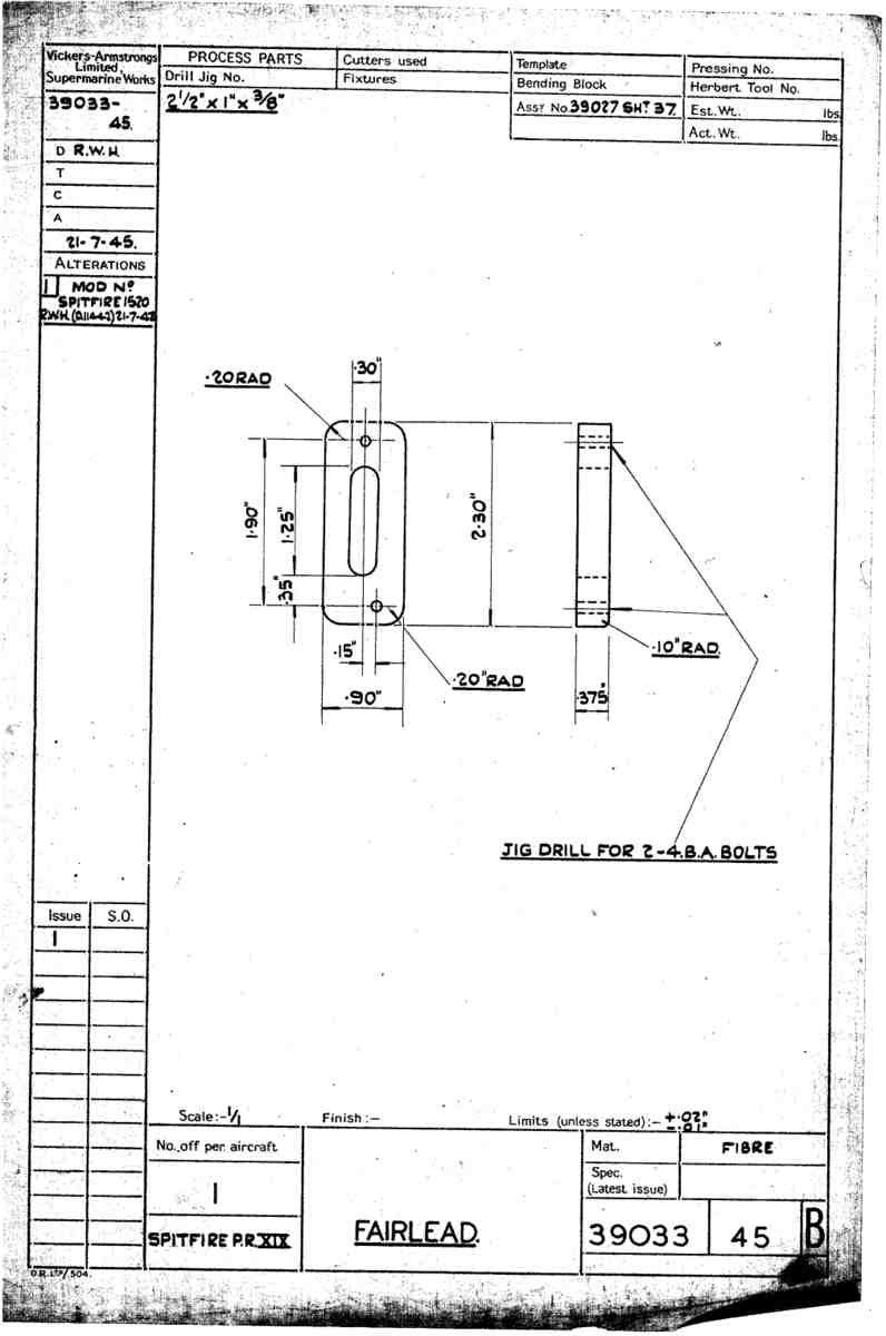 Spitfire Type 390 Mk XIX Blueprints 39033 45 B Fairlead A4 Photo Print