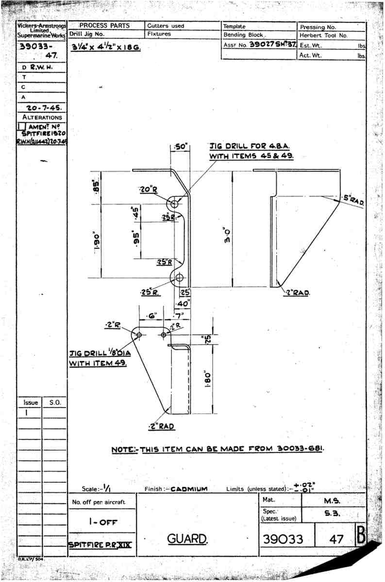 Spitfire Type 390 Mk XIX Blueprints 39033 47 B Guard A4 Photo Print