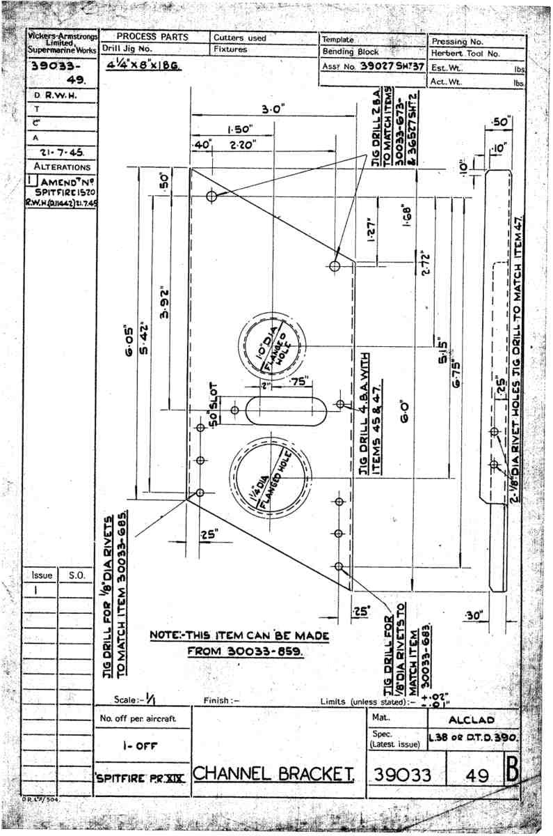 Spitfire Type 390 Mk XIX Blueprints 39033 49 B Channel Bracket A4 Photo Print