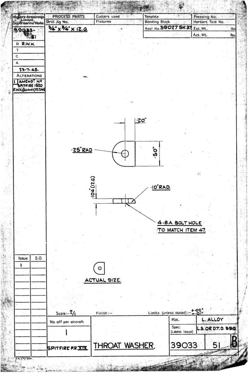 Spitfire Type 390 Mk XIX Blueprints 39033 51 B Throat Washer A4 Photo Print