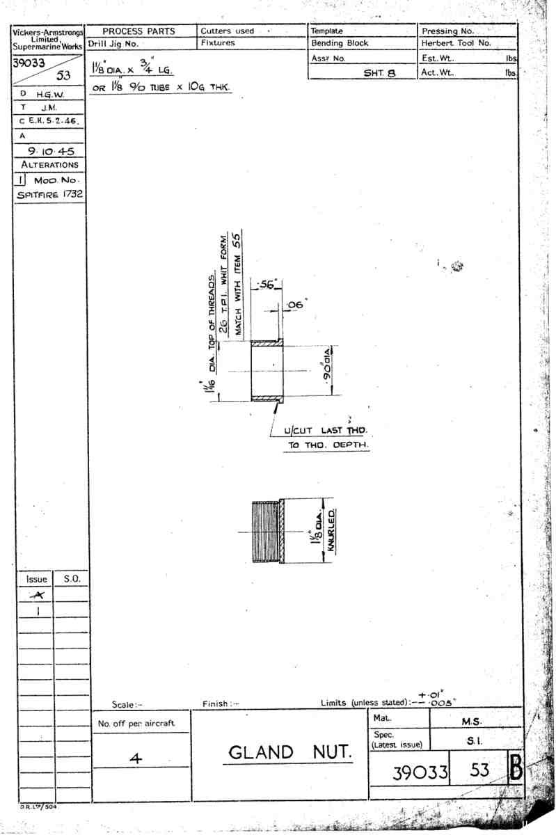 Spitfire Type 390 Mk XIX Blueprints 39033 53 B Gland Nut A4 Photo Print