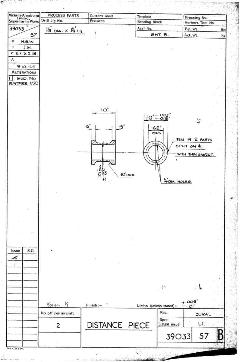 Spitfire Type 390 Mk XIX Blueprints 39033 57 B Distance Piece A4 Photo Print