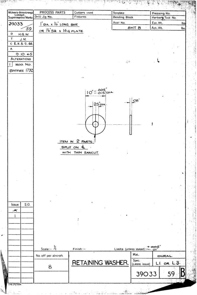 Spitfire Type 390 Mk XIX Blueprints 39033 59 B Retainging Washer A4 Photo Print