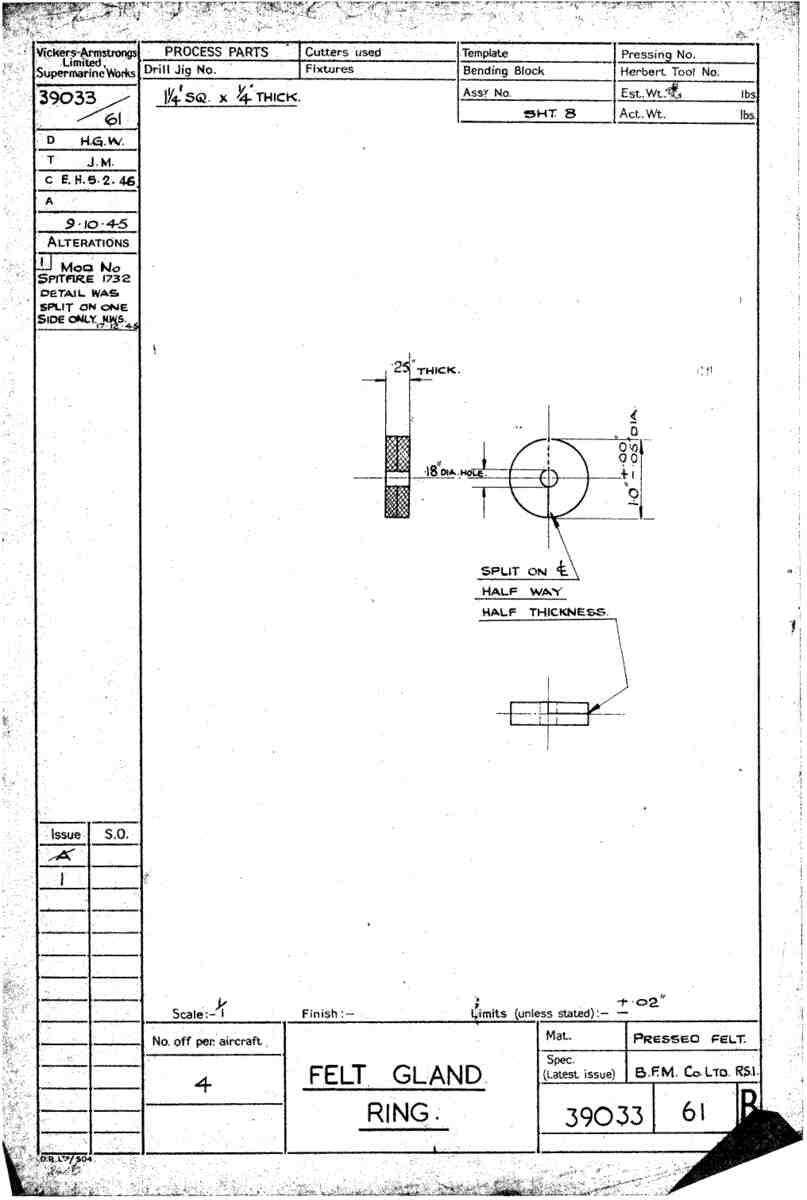 Spitfire Type 390 Mk XIX Blueprints 39033 61 B Felt Gland Ring A4 Photo Print