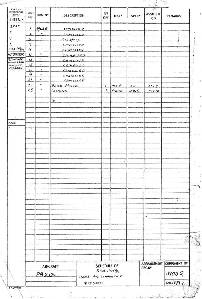 Spitfire Type 390 Mk XIX Blueprints 39035 A1 Schedule of Seating A4 Photo Print