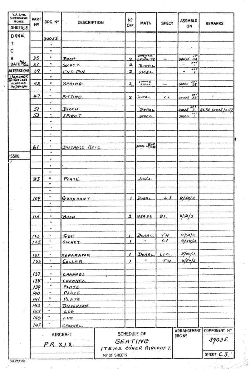 Spitfire Type 390 Mk XIX Blueprints 39035 C3 Schedule of Seating A4 Photo Print