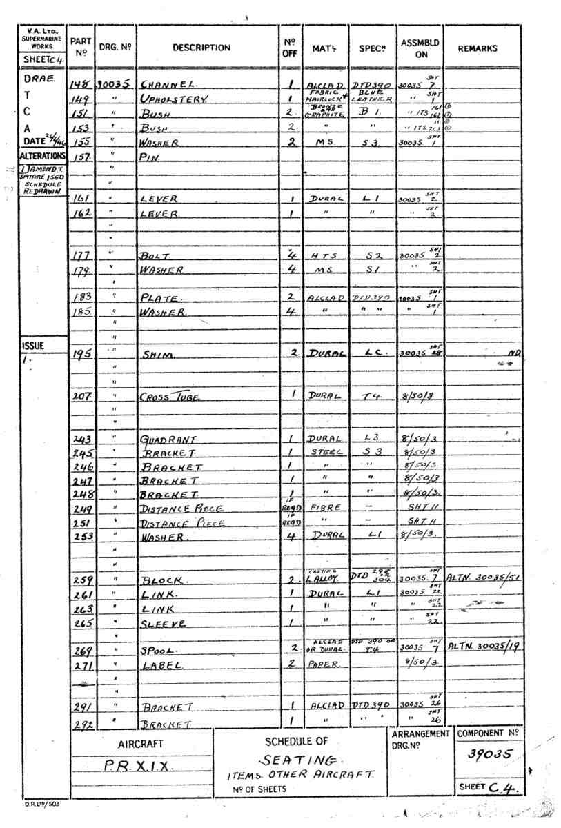 Spitfire Type 390 Mk XIX Blueprints 39035 C4 Schedule of Seating A4 Photo Print