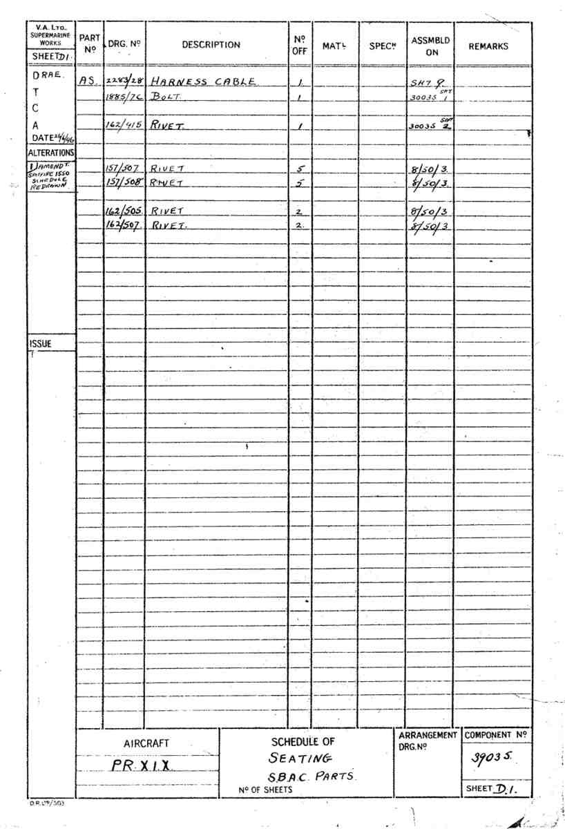 Spitfire Type 390 Mk XIX Blueprints 39035 D1 Schedule of seating A4 Photo Print