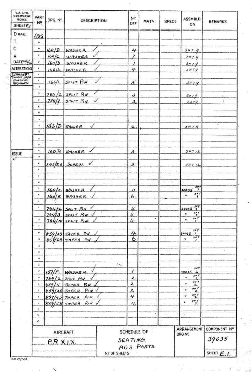 Spitfire Type 390 Mk XIX Blueprints 39035 E1 Schedule of seating A4 Photo Print