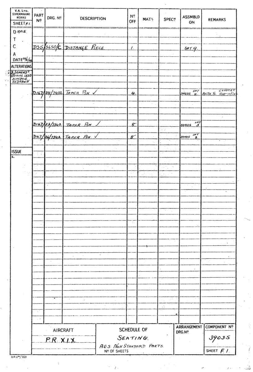 Spitfire Type 390 Mk XIX Blueprints 39035 F1 Schedule of Seating A4 Photo Print
