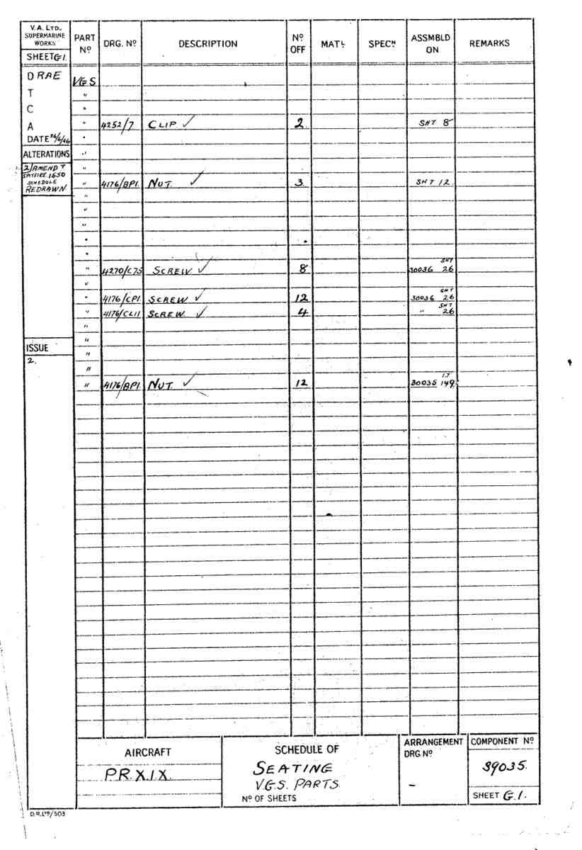 Spitfire Type 390 Mk XIX Blueprints 39035 G1 Schedule of seating A4 Photo Print