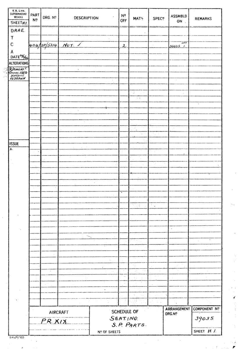 Spitfire Type 390 Mk XIX Blueprints 39035 H1 Schedule of seating A4 Photo Print