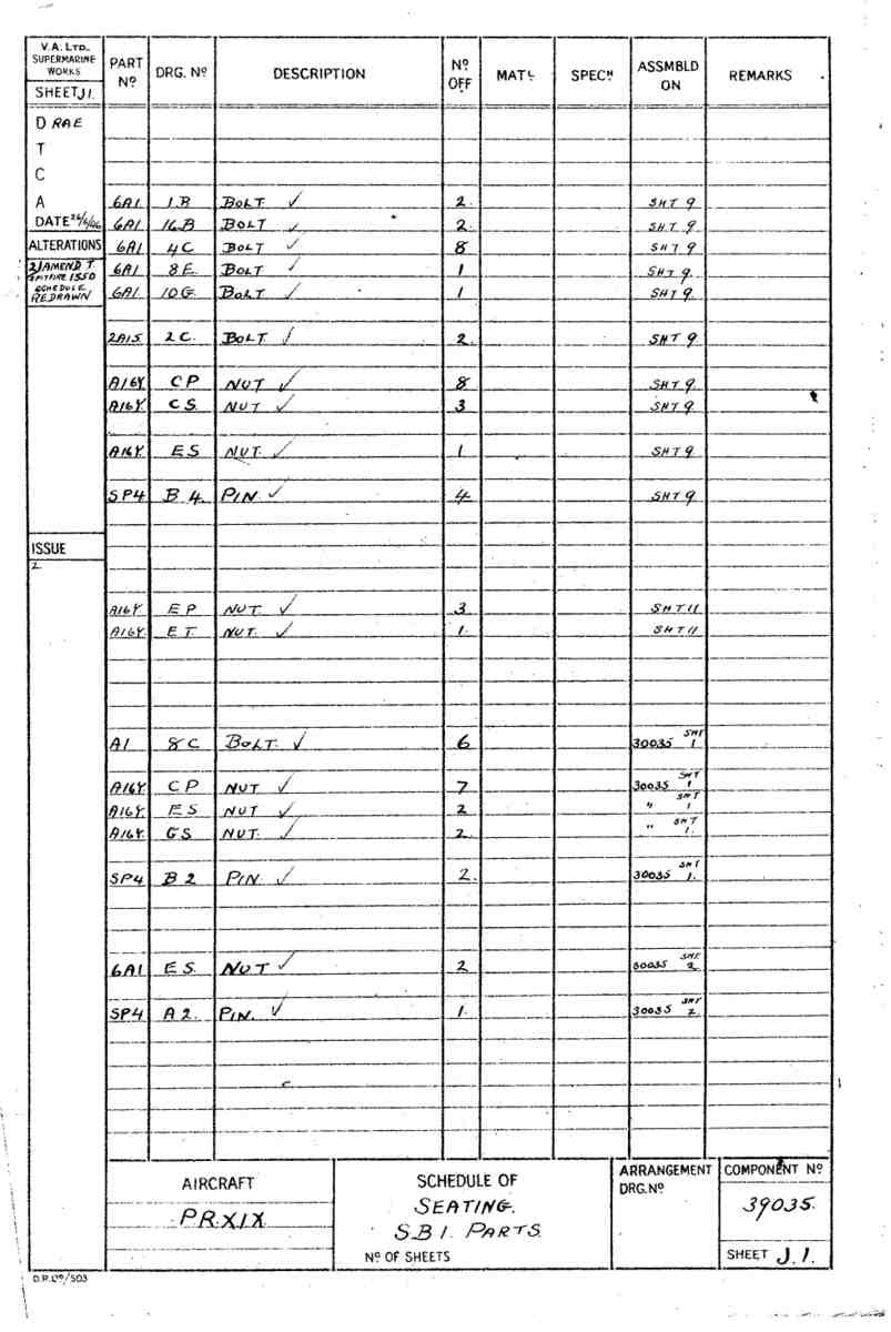 Spitfire Type 390 Mk XIX Blueprints 39035 J1 Schedule of seating A4 Photo Print
