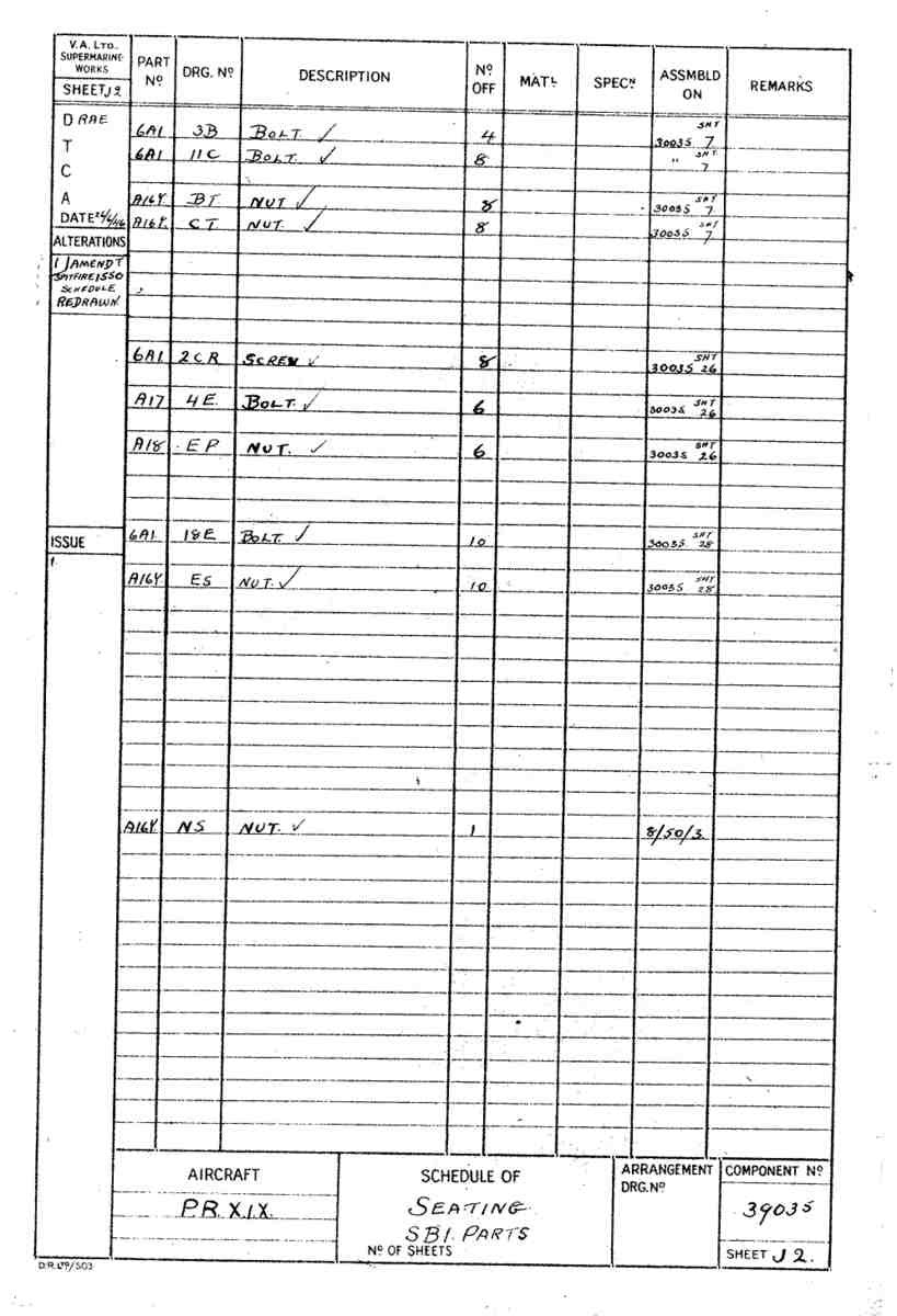Spitfire Type 390 Mk XIX Blueprints 39035 J2 Schedule of seating A4 Photo Print