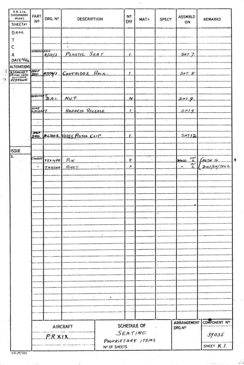 Spitfire Type 390 Mk XIX Blueprints 39035 K1 Schedule of seating A4 Photo Print